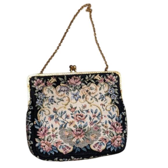 Handbags - VTG Mini Carpet Bag Floral Clutch Kiss Lock Purse with Mirror Coquette Victorian